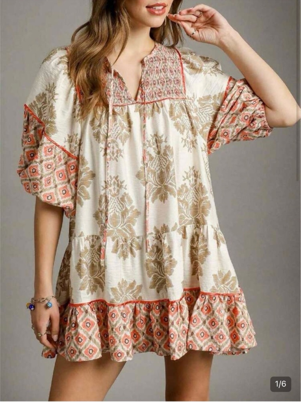 SHEIN Cream Mini Dress with Coral & Tan Floral boho Prints